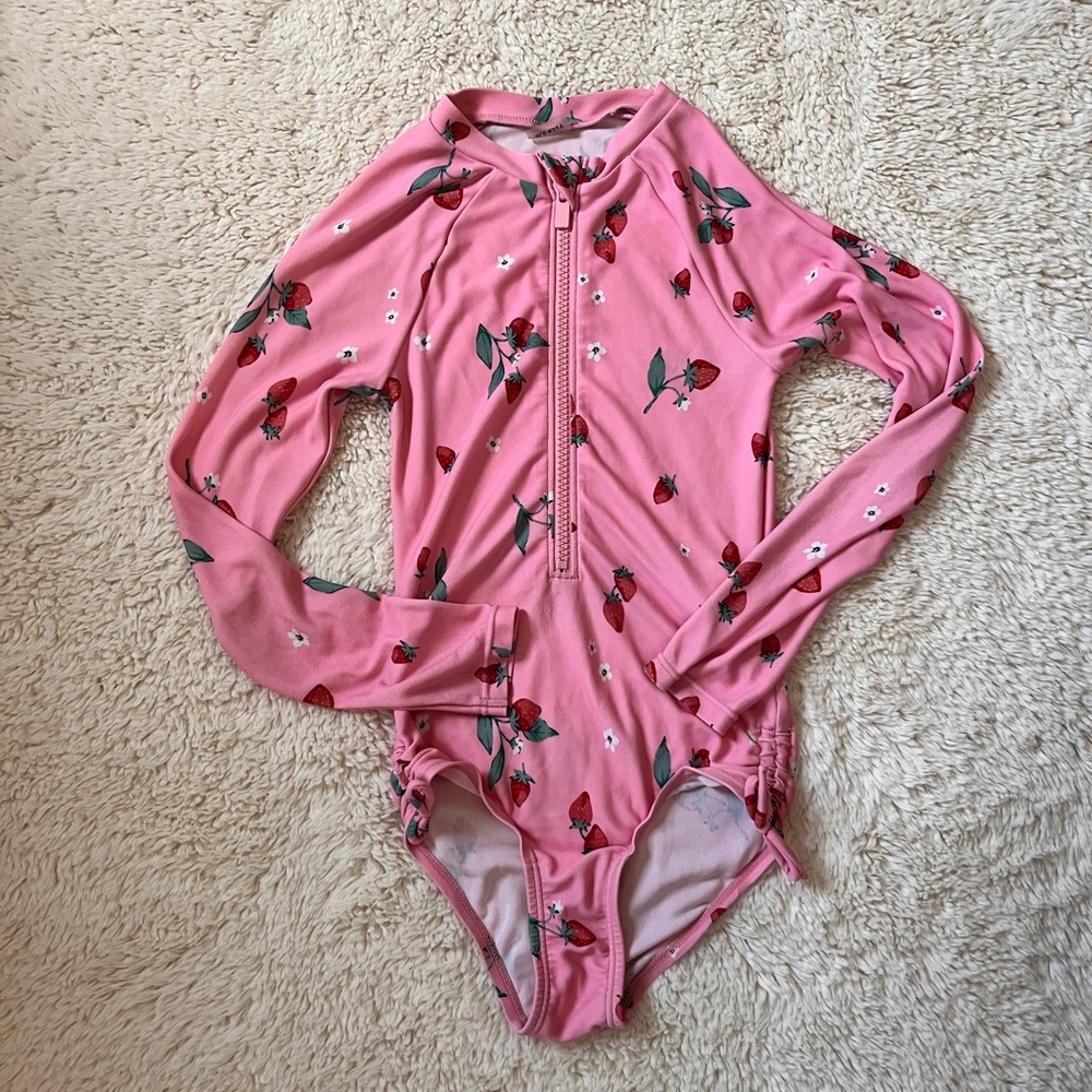 Old Navy Girls Pink Strawberry Print Long Sleeve Swimsuit Sz 5
